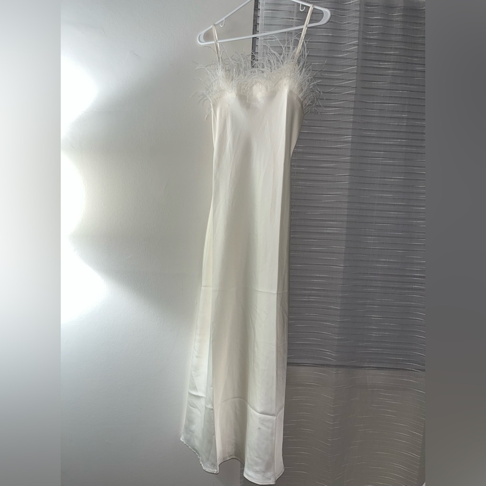 Elegant Bridal Style White Feather Trim Slip Midi Silky Dress